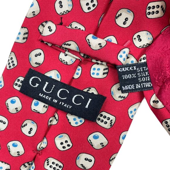 Gucci Silk Tie Italy Made Vintage Dice Gambler Print Red White - Picture 4 of 7